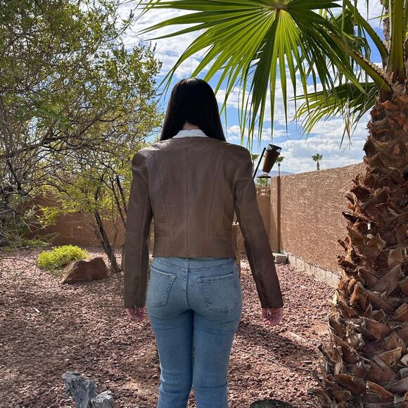 One Community Women's Medium Faux Leather Moto Biker Jacket Brown Zipper - Picture 4 of 8